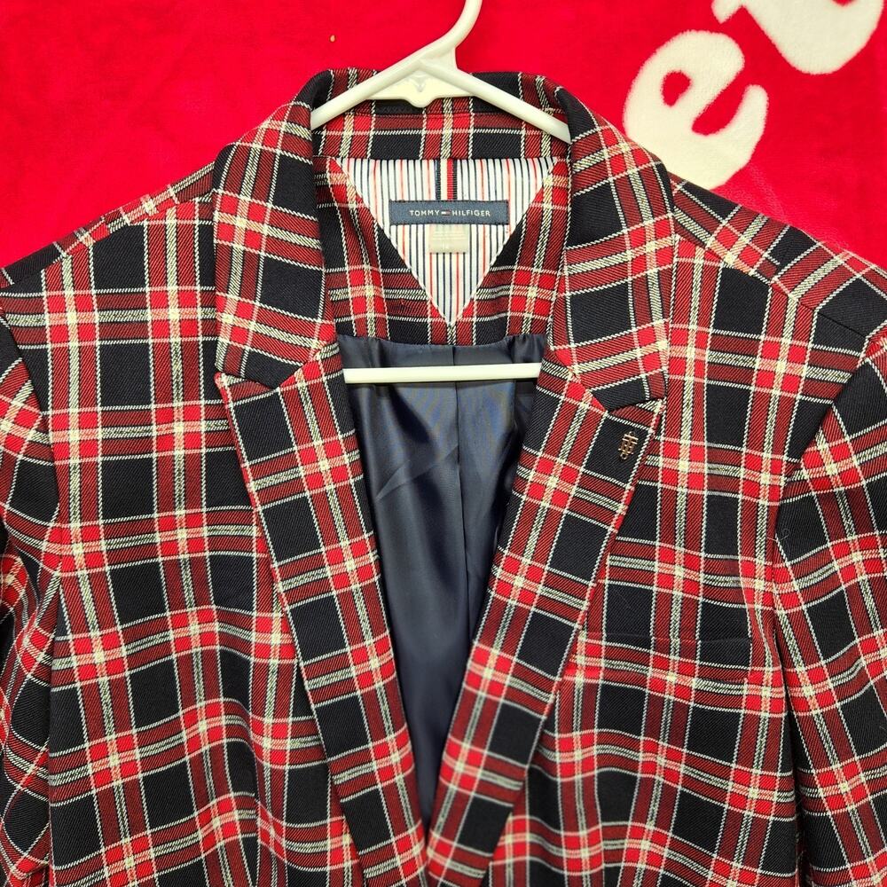 Tommy Hilfiger Women's Plaid Blazer Size 14 Red Navy Gold Metallic One Button...